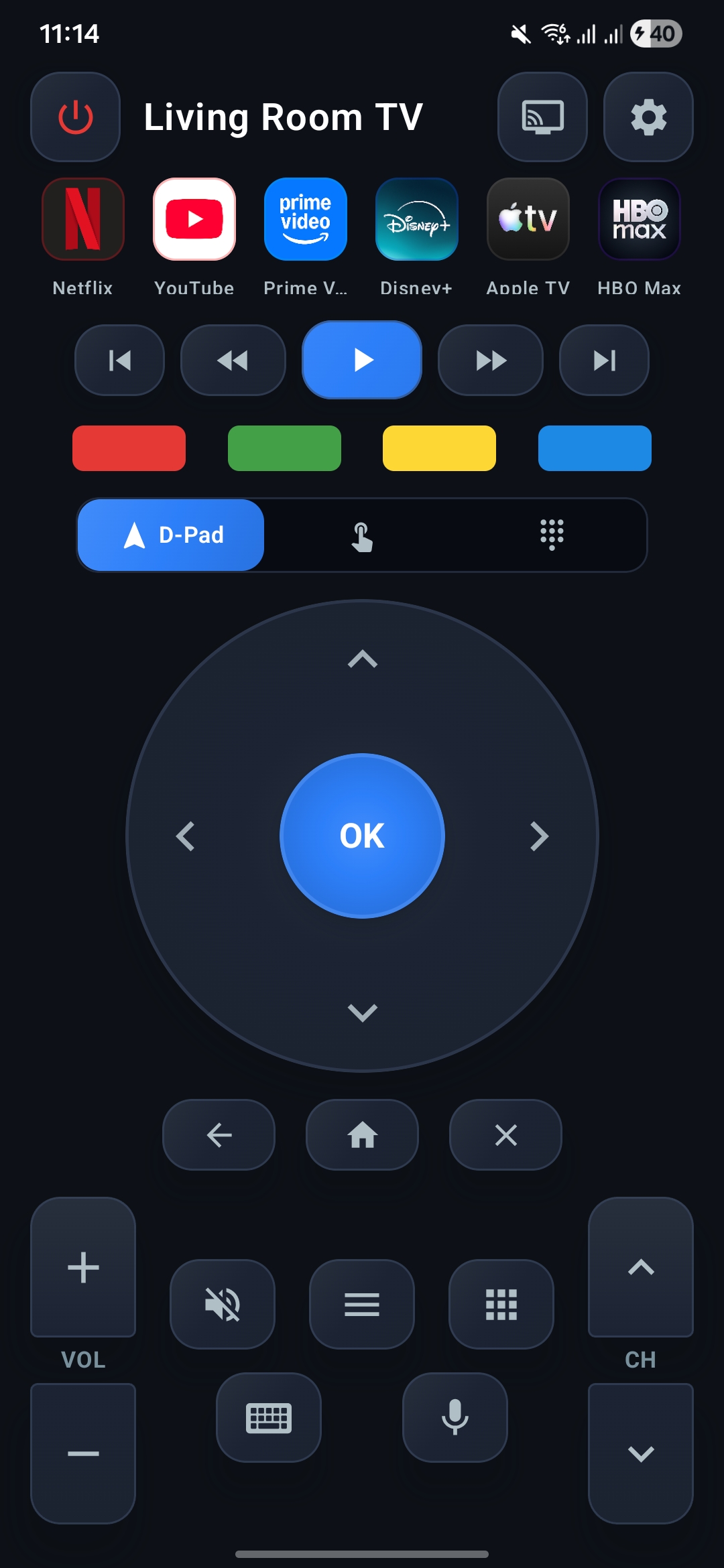 DuckRemote free TV remote app screenshot — universal smart TV remote with D-pad, touchpad, voice search, keyboard input and quick app launcher for Android TV, Google TV and Chromecast
